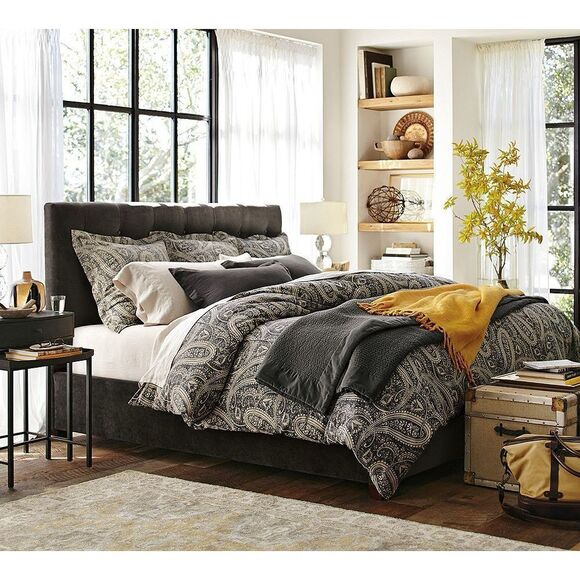 Pottery Barn Finley Paisley Duvet Cover King Cotton Linen Cream Gray - Picture 2 of 9